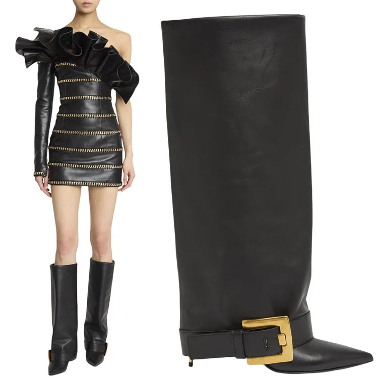 Design Women Metal High Heel Pointed Toe Belt Buckle Knee High Boots Sexy Women Pointy Gold Belt Buckle Knee Boots Plus Size 46