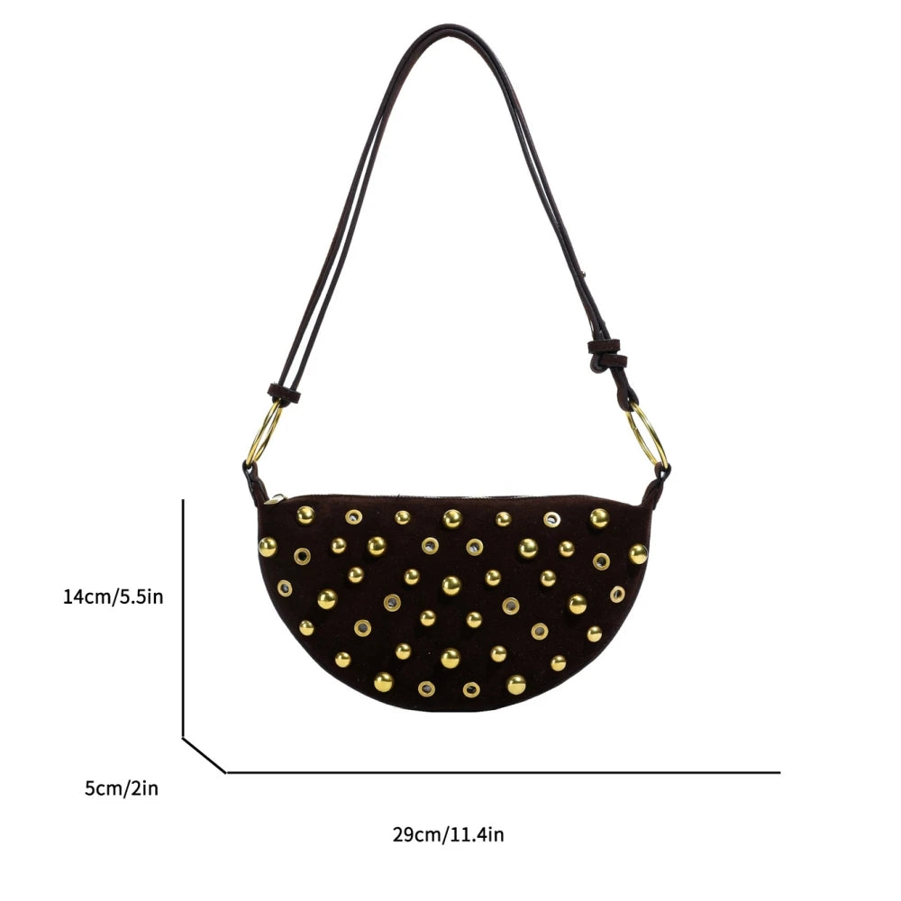 Faux Suede Rivet Half Moon Shoulder Bag for Women