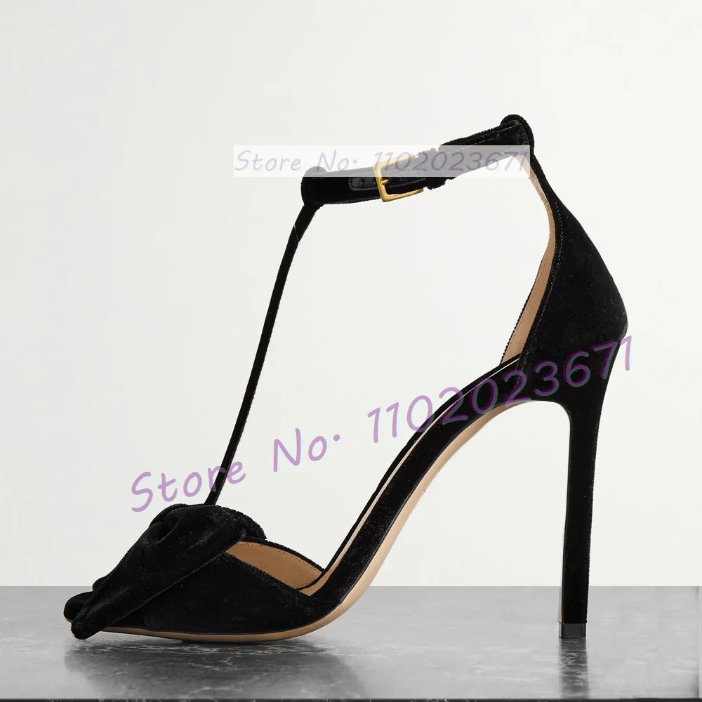 Bow-embellished Velvet Sandals Women's Luxury T Strap Square Toe High Heels Sandals Newest Luxury Party Trendy Cover Heel Shoes