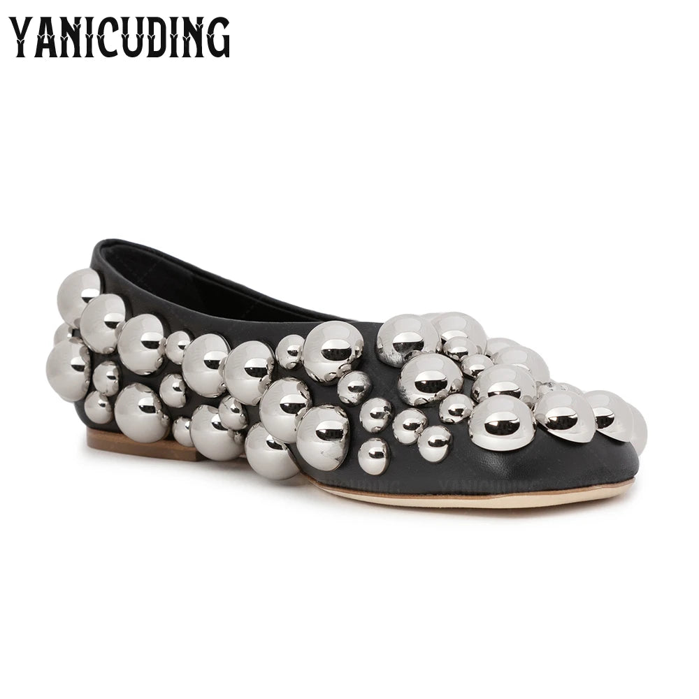 Metallic Stud Embellished Square Toe Ballet Flats for Women