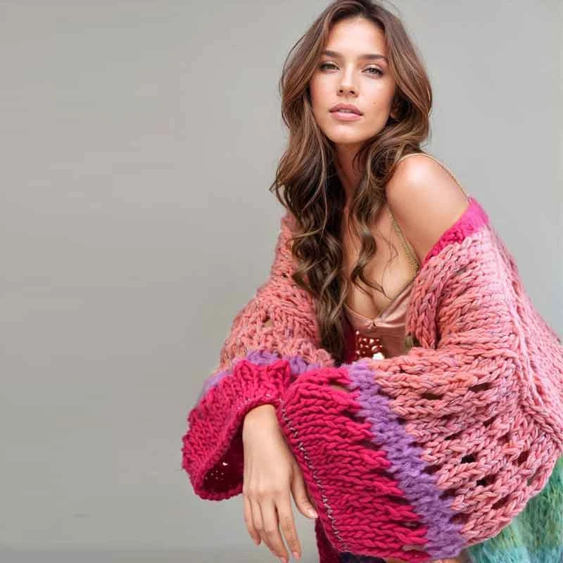 Boho Colorful Luxuriously Handknit Bell Sleeve Crochet Loose Kimono Cardigan 2024 Women Fall Winter Coat Beach Coverup Dress K12
