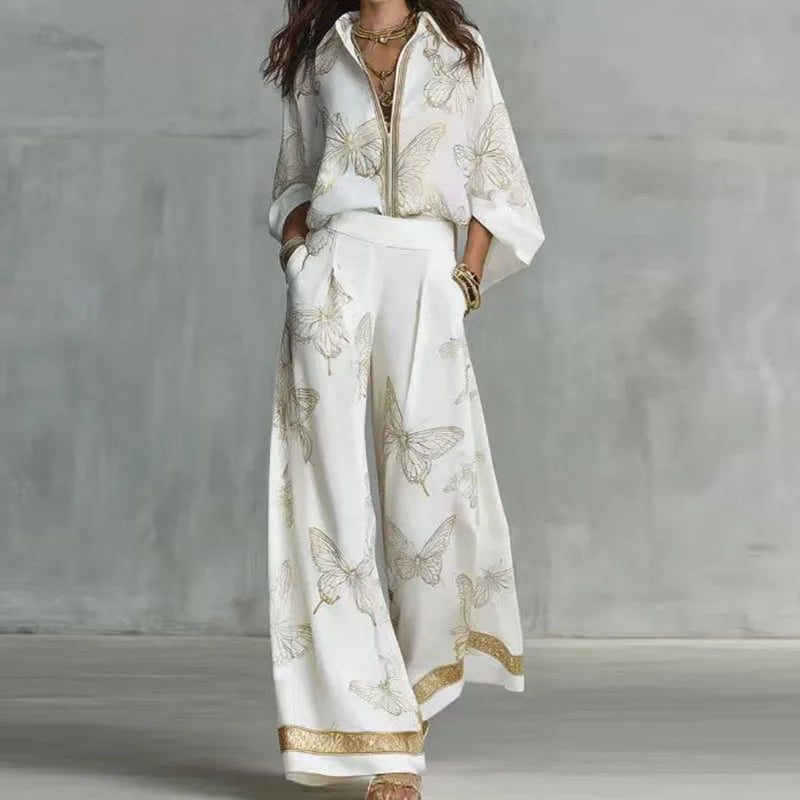 Butterfly Print Two Piece Shirt And Wide Leg Pants Set for Women