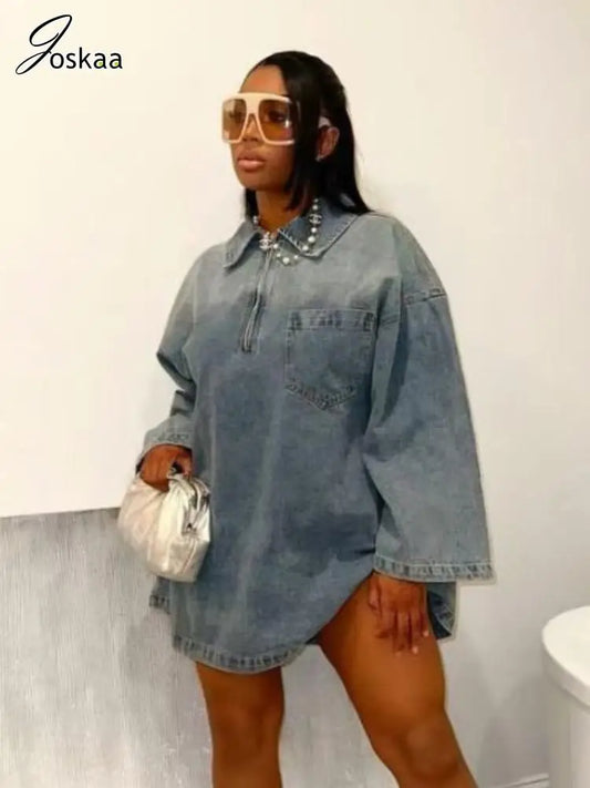 Joskaa Fashion Blue Denim Dress Women Hipster Lapel Zipper Pocket Full Sleeve Loose Mini Dresses 2025 Spring Vintage Streetwear