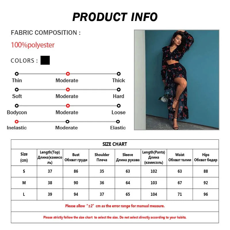 Oymimi Elegant Black Print Two Piece Set For Women Fashion Ruffled Long Sleeve Crop Shirts And Side Slit Floor-Length Skirts Set