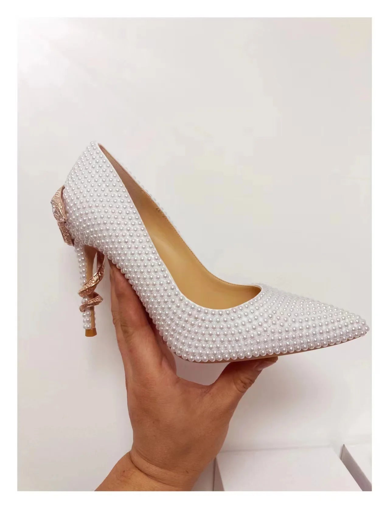 Golden Pearl Embellished Bridal High Heel Pumps For Women
