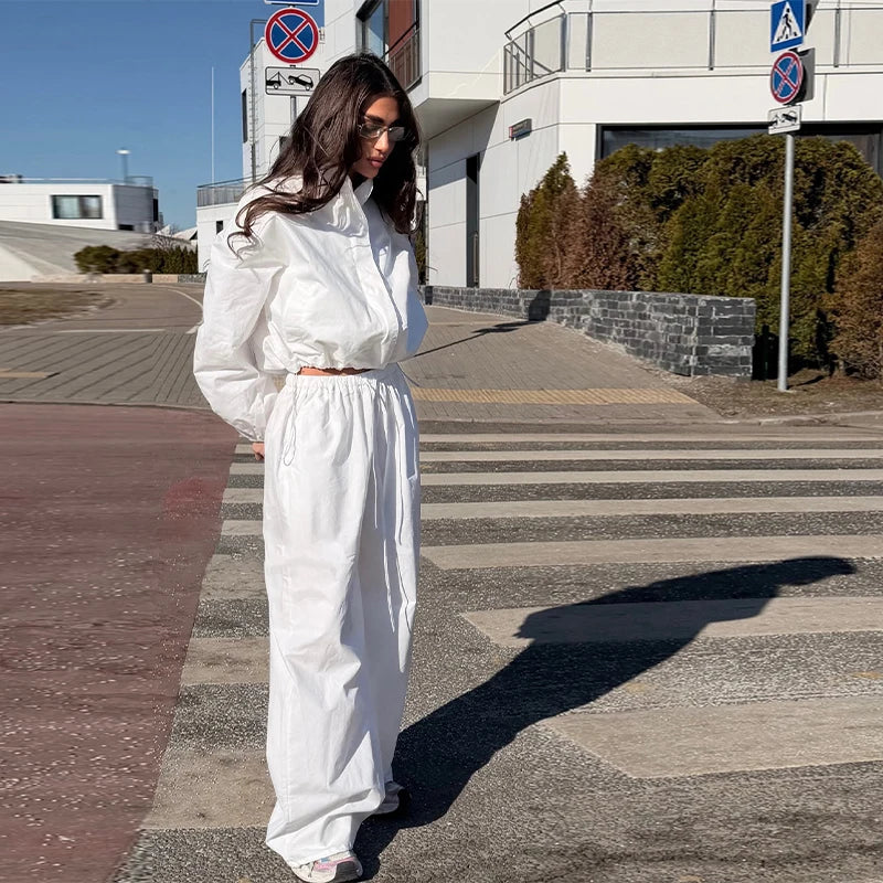 Solid Loose Suit Set with Stand Collar Crop Top and Drawstring Pants for Women
