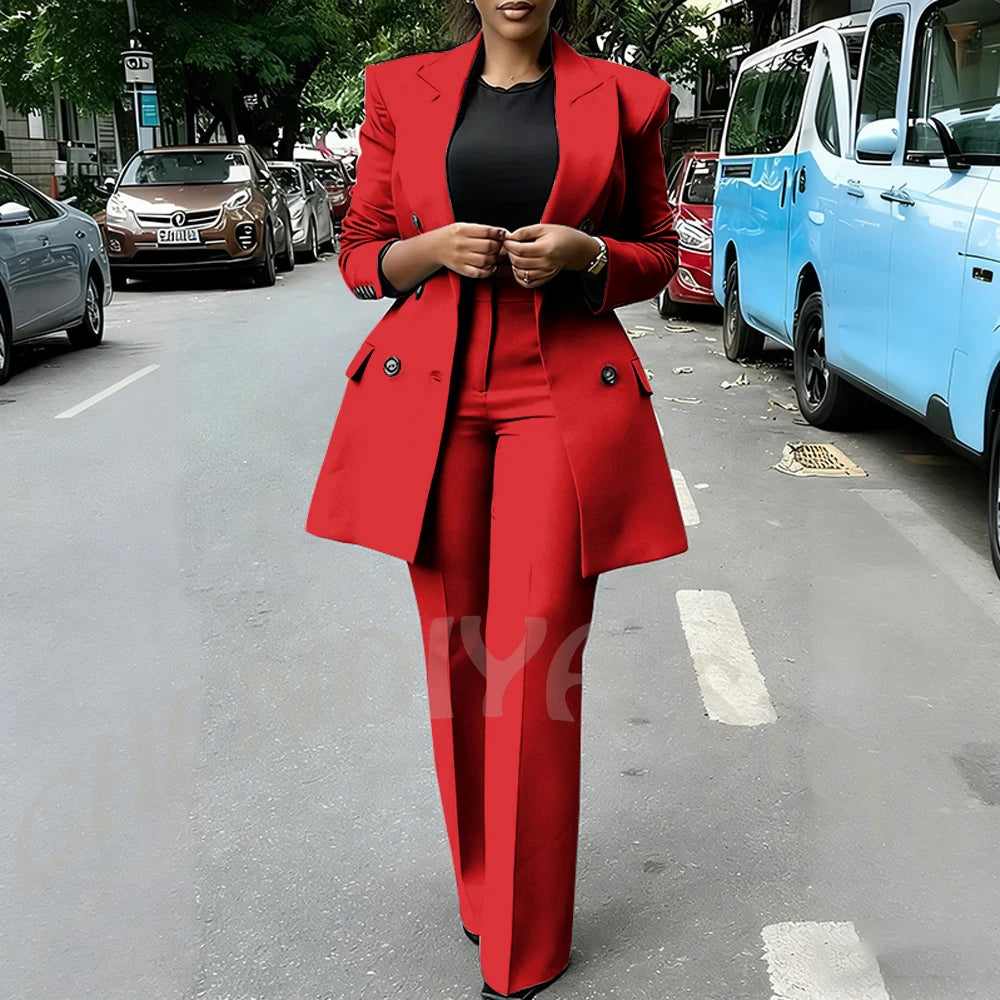 High Quality Women Suits Double Breasted Straight Formal 2 Piece Jacket Pants Peak Lapel High Street Daily Office Casual Suit
