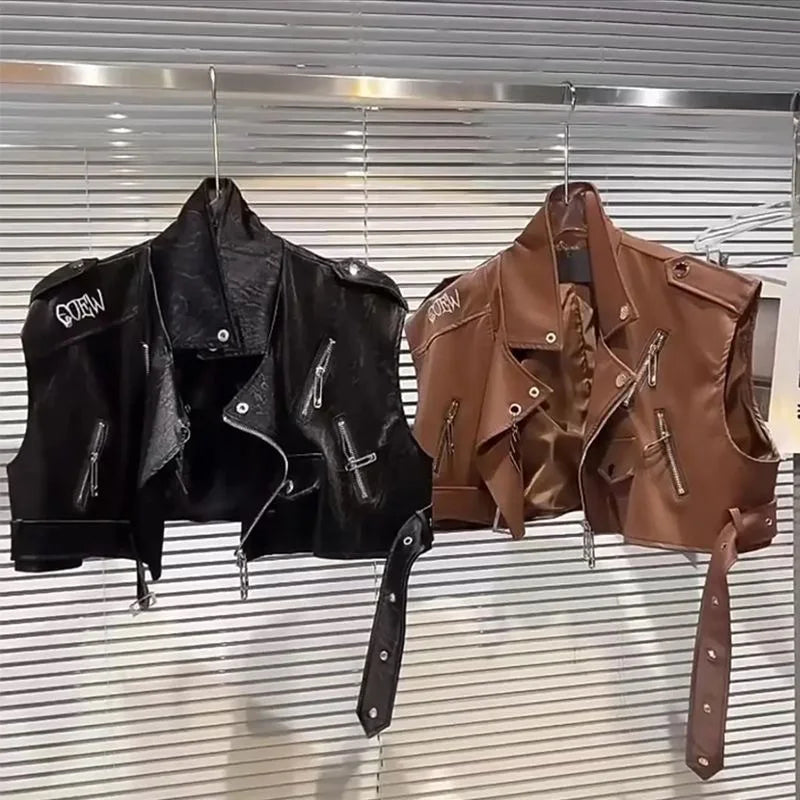 Autumn Faux Leather Vest With Back Letter Embroidered for Women