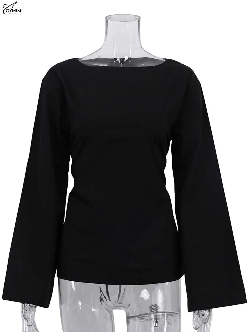 Oymimi Fashion Black Cotton Women's Blouse Elegant O-Neck Long Sleeve Loose Blouses Casual New Solid Lace-Up Blouses Streetwear