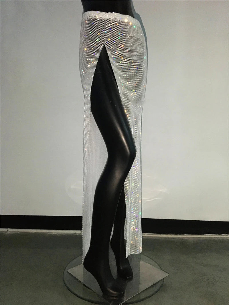 Glitter Rhinestone Long Fishnet Split Skirt for Women