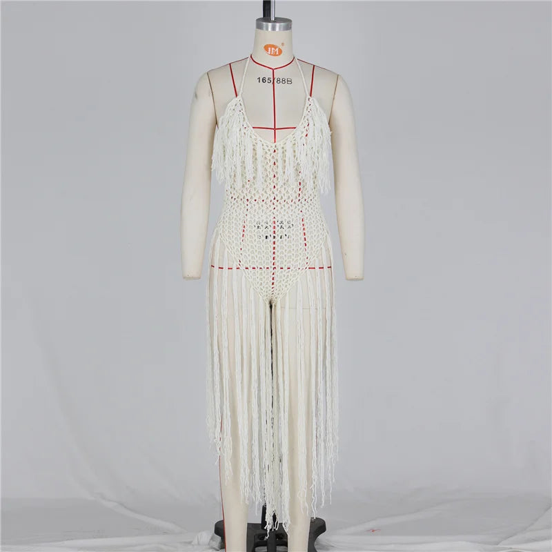 Sexy Crochet Knitted Beach Summer Dress Women Halter V-neck Tassel Backless Maxi Dress Vacation Sheer Long Dresses Swimsuit 2022