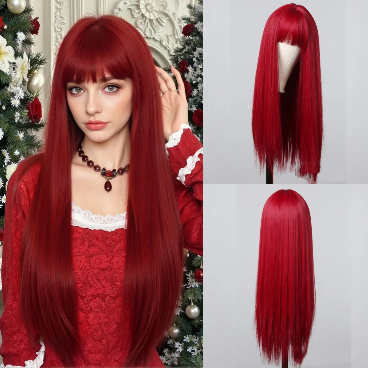 Long Layered Orange Straight Wig With Bangs for Women