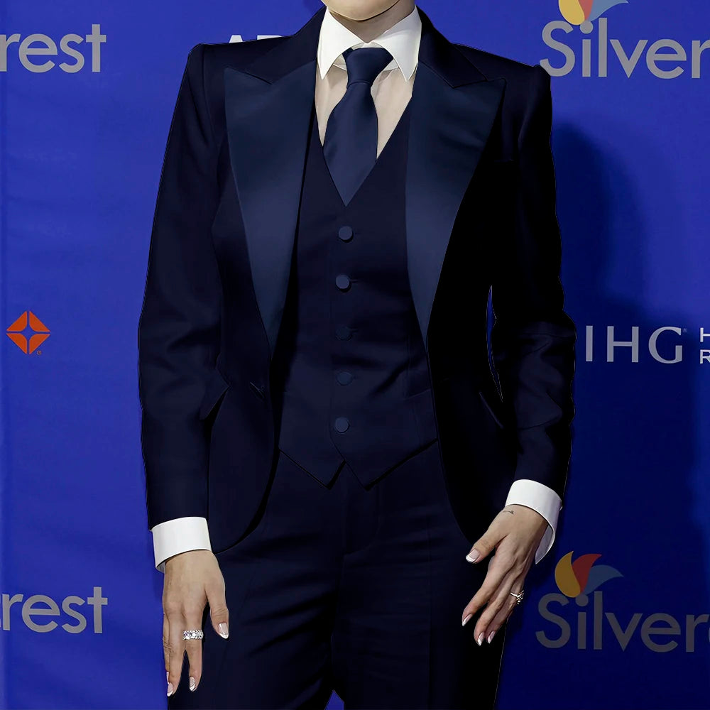 White Satin Lapel Tailored Three Piece Suit Set For Women