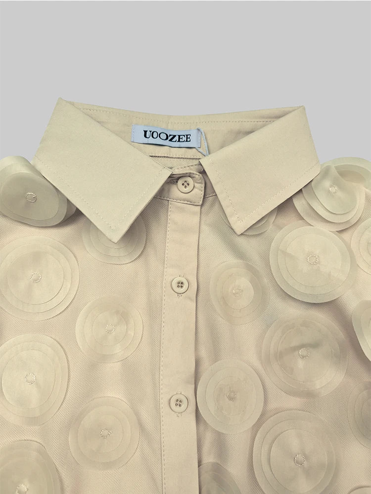 2024 New T-shirt for Women Hollowed Long Sleeves Appliqued Lapel Shirt Urban Female Stylish Loose Fit Buttoned Blouses