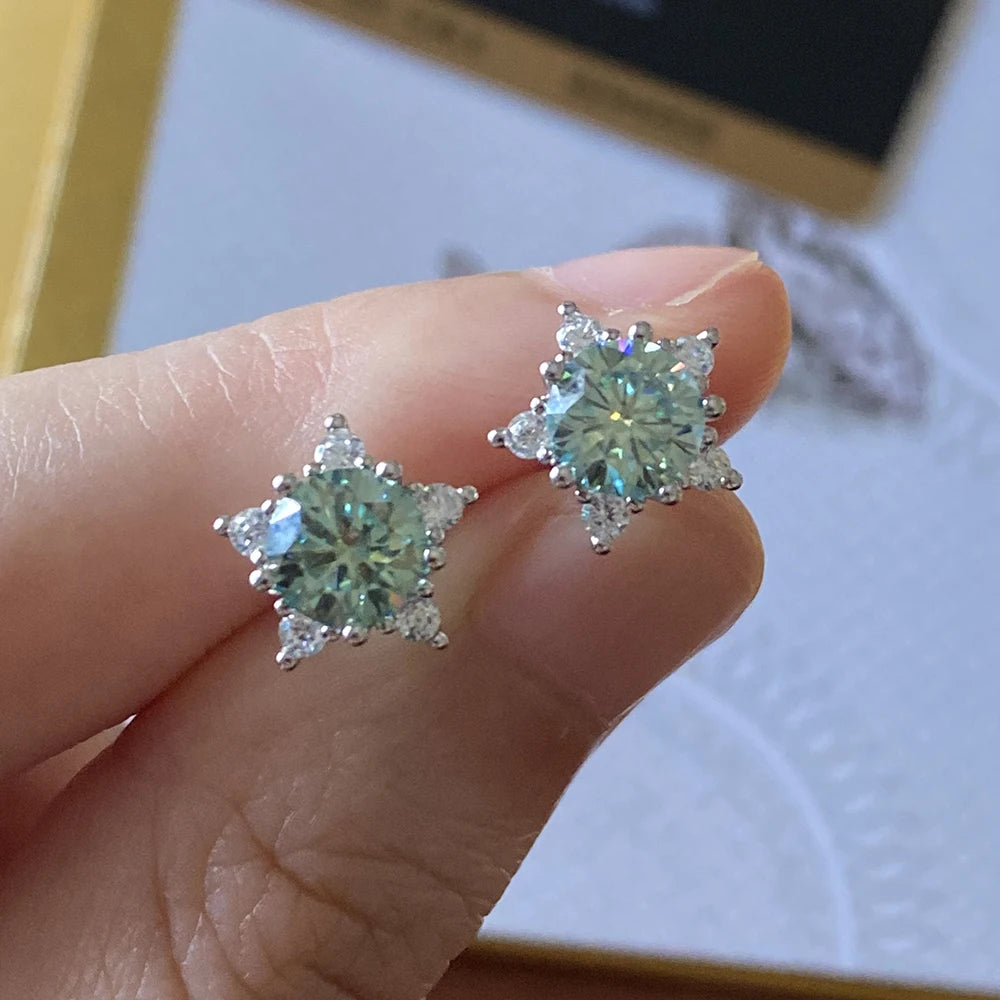 Stud Earrings With Blue Green Moissanite 2 Carat Total Elegant Timeless Style Gift