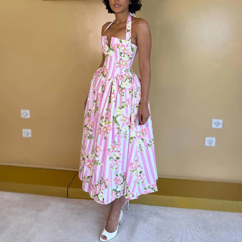 Women Elegant Backless Waist Vacation Dresses Sweet Style Floral Print Formal Party Dress Sexy Halter Sleeveless Bohe Long Dress