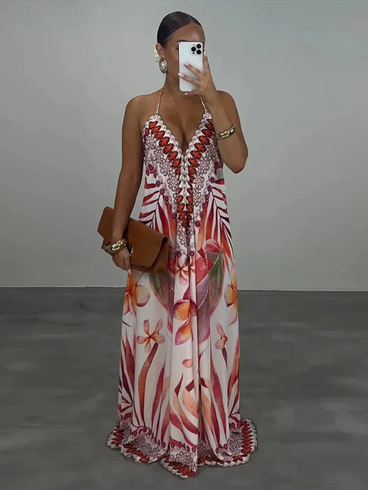 Beach Print Halter Neck Backless Long Dress for Women