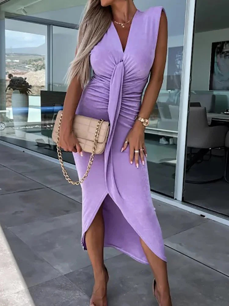 Office Lady Loungewear Deep V-Neck Maxi Dress Women Summer Sleeveless Solid Slim Fit Folds Party Dress Streetwear Dropshipping