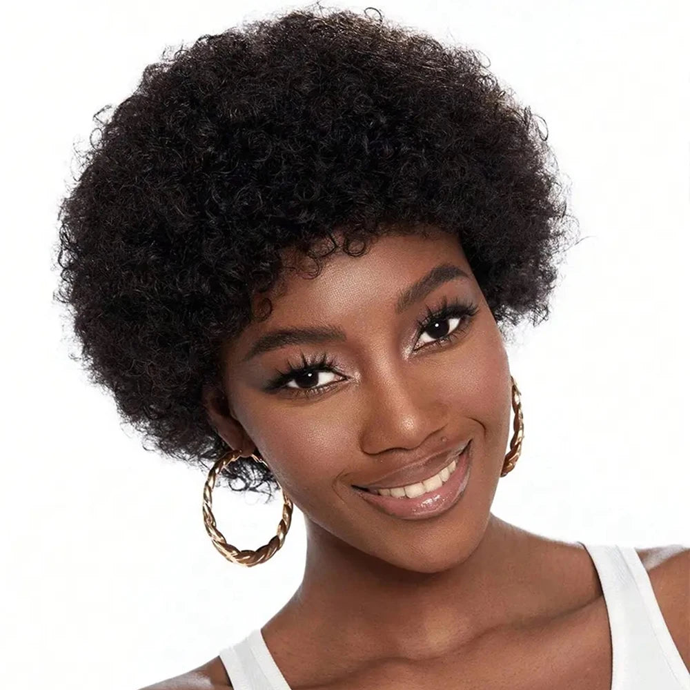 Afro Kinky Curly Pixie Cut Bangs Wig Natural Black Human Hair Short Wig Full Machine Made Wig Natural Looking Replacement Wig