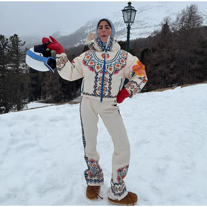 Printed Hooded Ski Jacket And Wide Leg Pants Set for Women