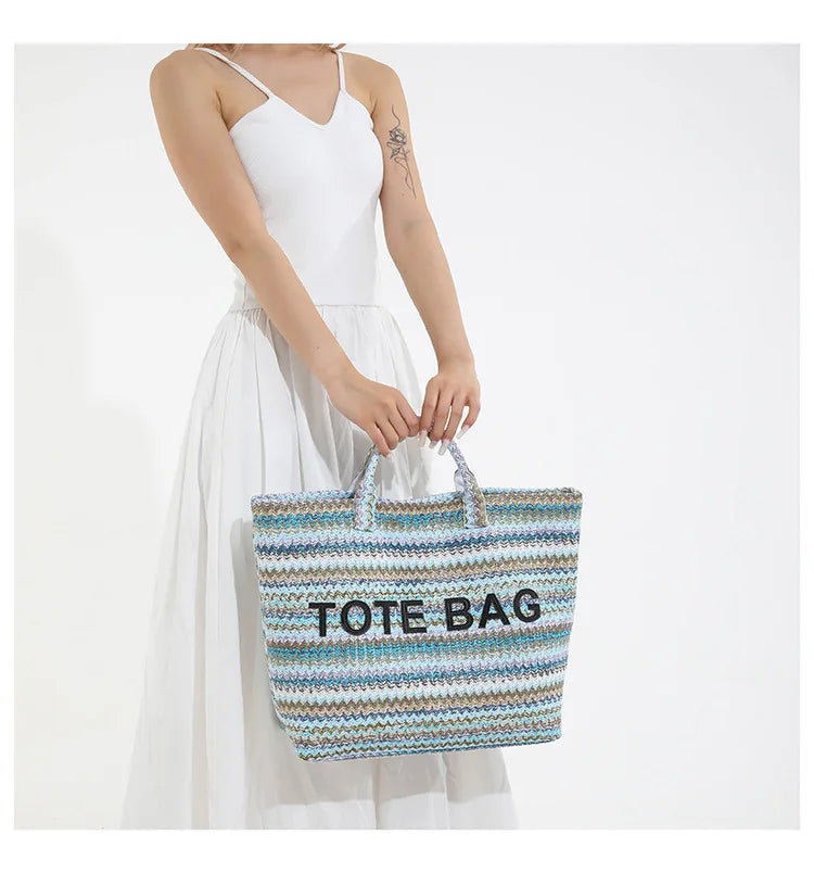 Large capacity beach woven bag, colorful striped tote bag, letter contrasting handbag for women