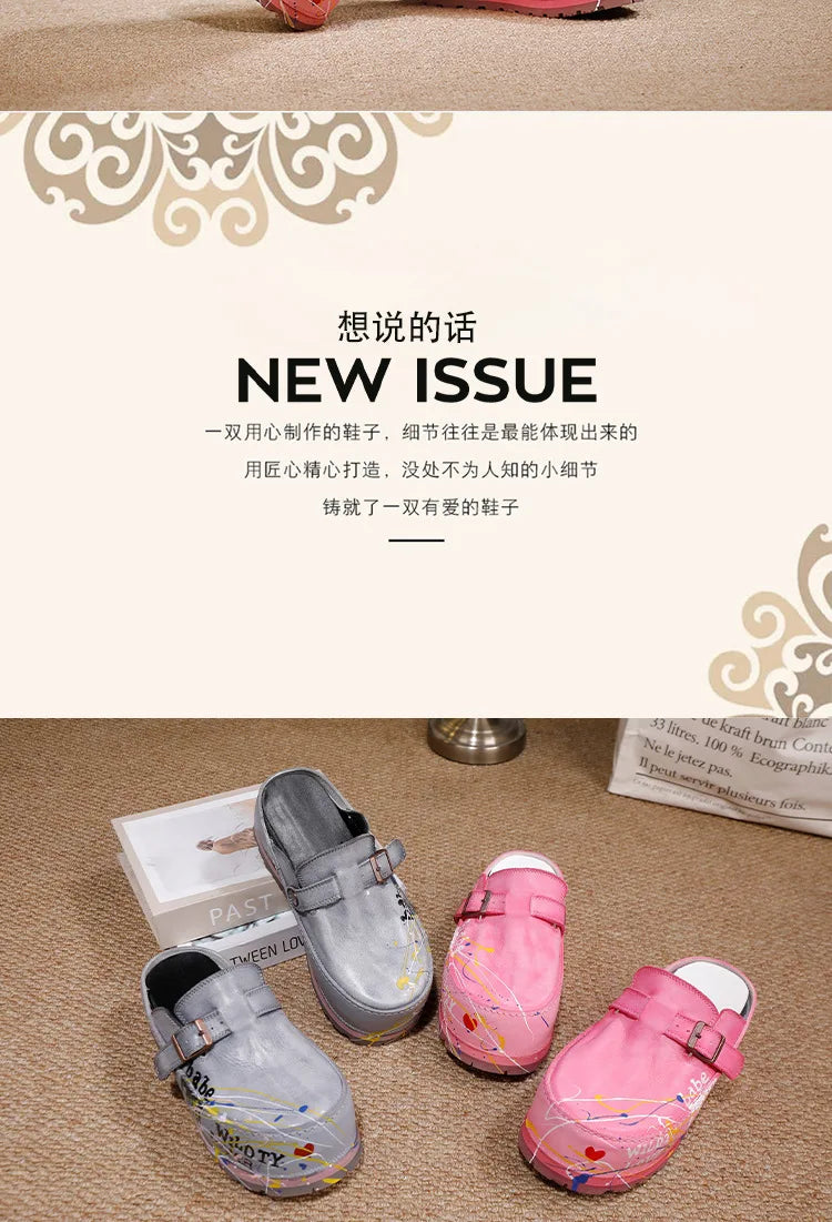 Hand Drawn Leather Platform Slippers with Round Toe for Women