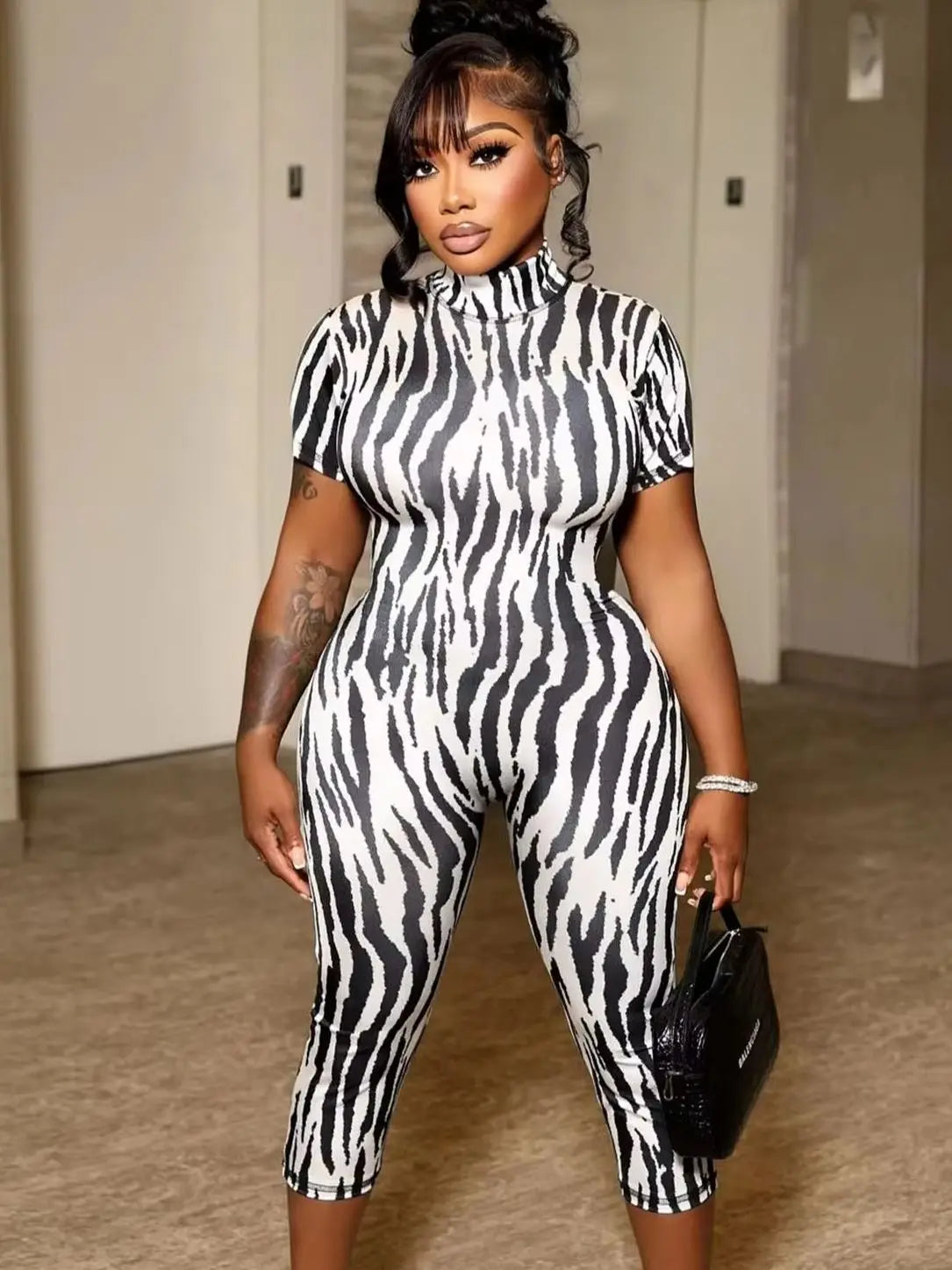 Printed Backless Stretch Turtleneck Romper for Women