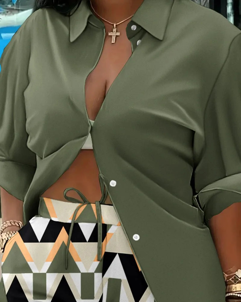 Casual Geometric Print Shirt Shorts Two Piece Set for Women