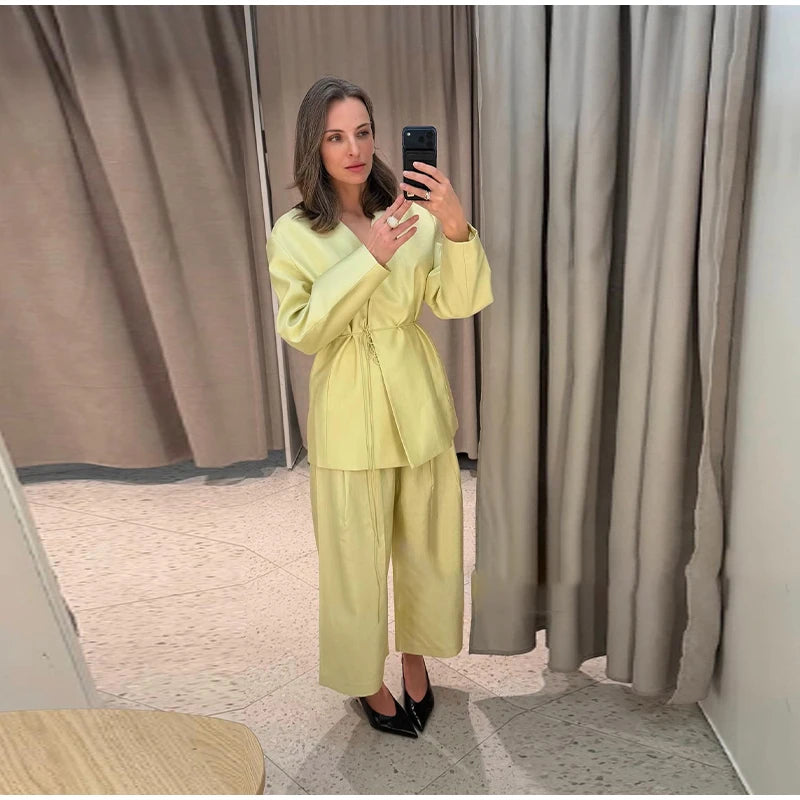 Lace Up Jacket and Wide Leg Pants Suit Set for Women