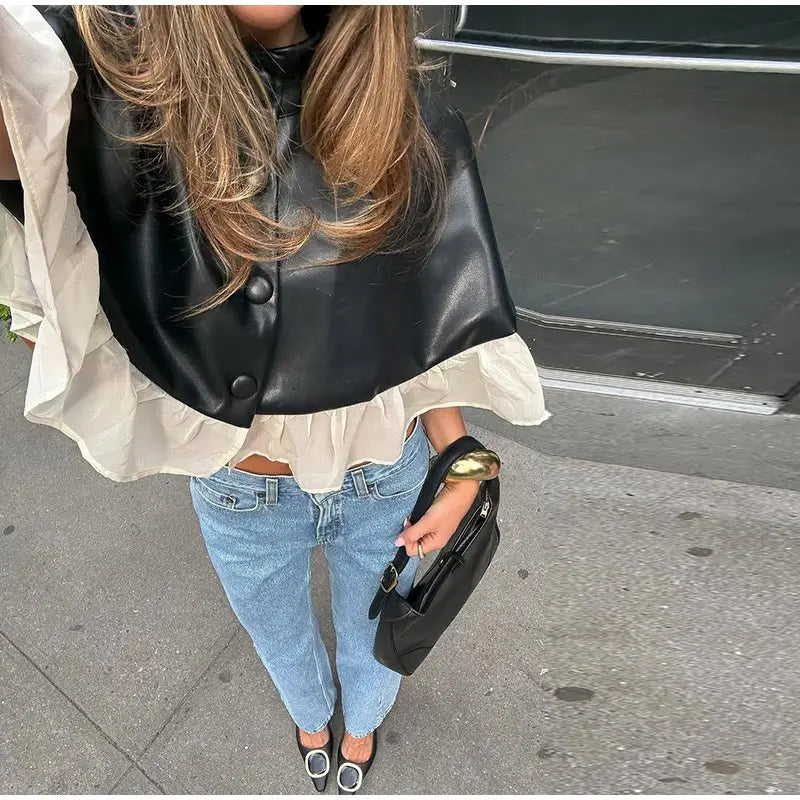 Elegant Mesh Patchwork Short Cape Coat With Stand Collar for Women