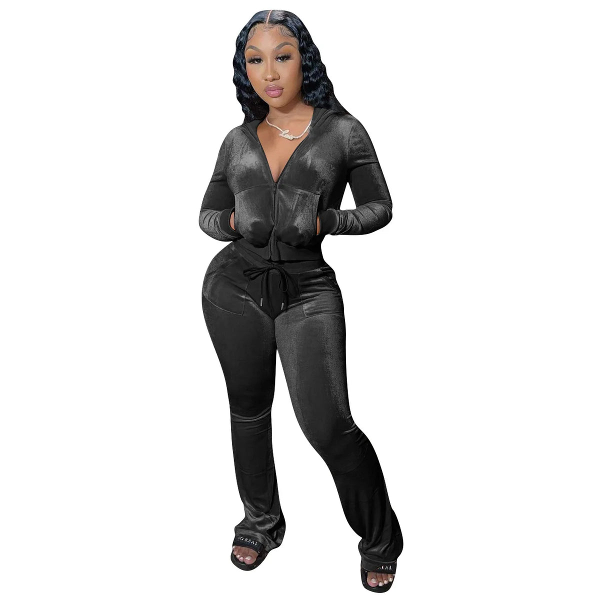 Hooded Zip Top And High Waist Pants Outfit Set for Women