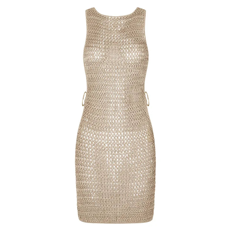 Summer Sexy Vacation  Knitted O Neck Hollow Out Dresses for Women 2024 Elegant Wrapped Dress Holiday Beach Mini Sundresses