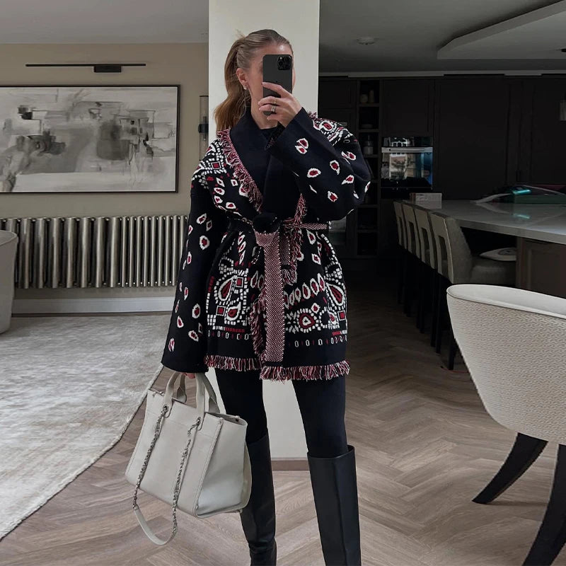 Casual Tassel Knit Open Front Long Cardigan for Women