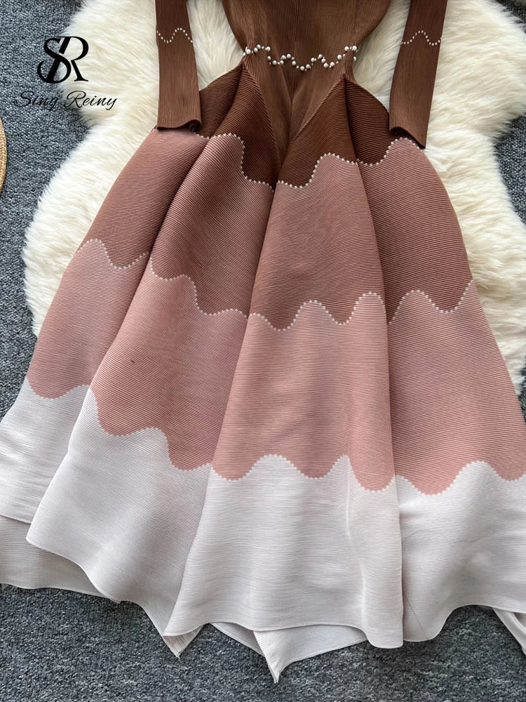Wave Print Long Sleeve Ankle Length Evening Dress for Women