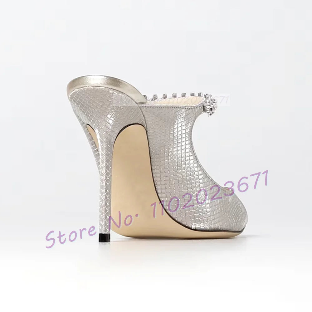 Metallic Silver Rhinestone Arch Strap High Heel Mules for Women