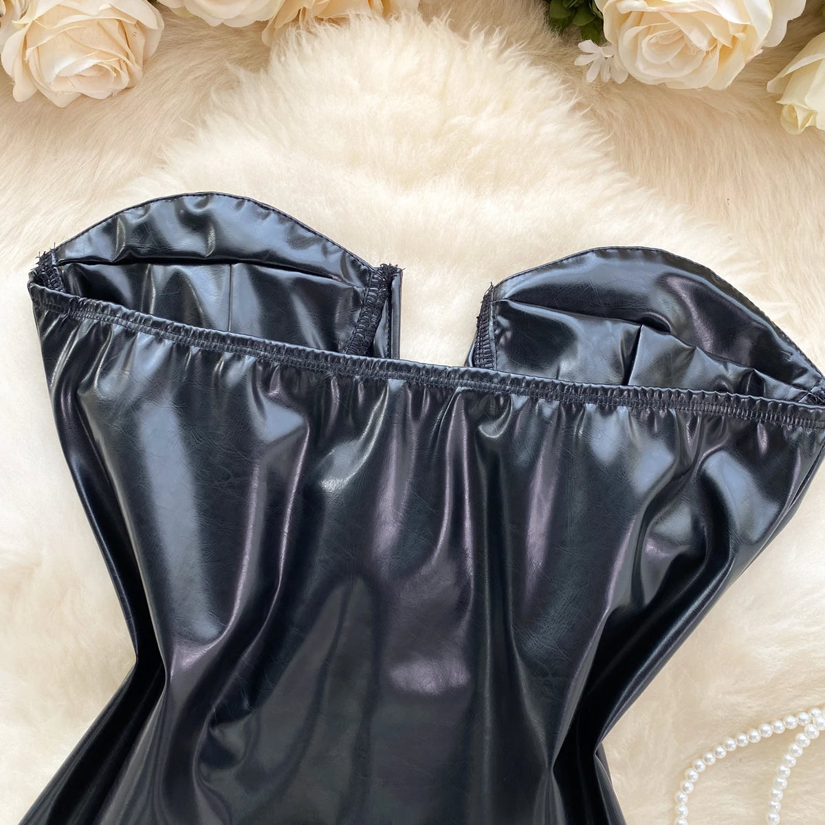 Strapless PU Leather Lace-Up Backless Bodysuit for Women