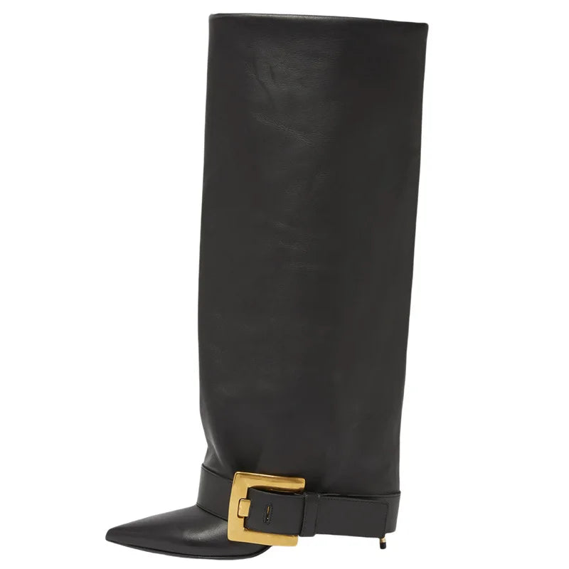 Design Women Metal High Heel Pointed Toe Belt Buckle Knee High Boots Sexy Women Pointy Gold Belt Buckle Knee Boots Plus Size 46