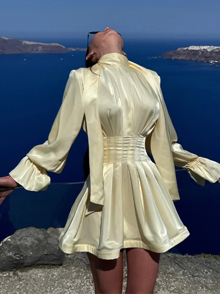 Pale Yellow Satin Puff Sleeve Ruched Waist Dress For Women
