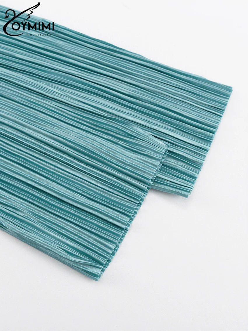 Oymimi Sexy Black Pleated 2 Piece Sets Women Outfit Fashion Loose Slit Long Sleeve Lace-Up Top With High Waist Pants Set Female