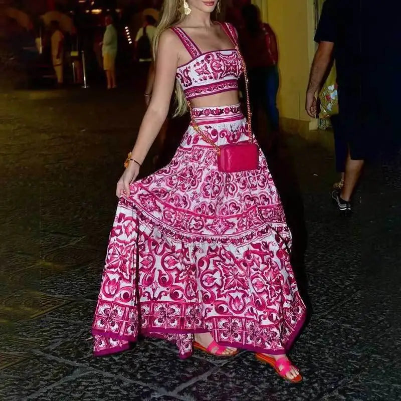 Printed Strapless Crop Top and Maxi Skirt Set for Women
