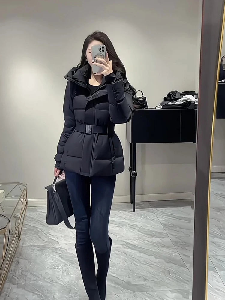 Warm Belted Hooded Winter Puffer Down Jacket for Women