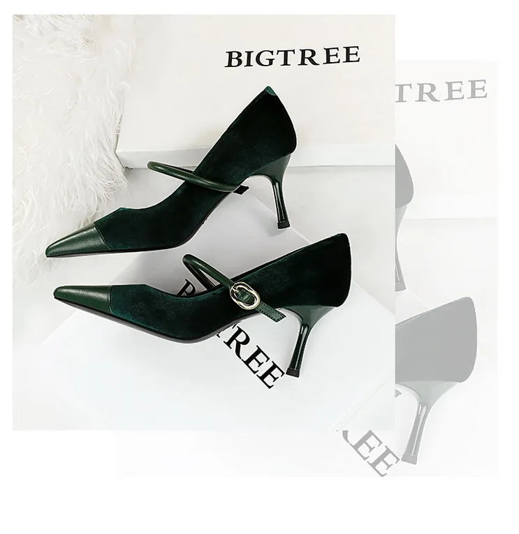 Suede Buckle Strap Pointed Toe Stiletto Pumps for Women