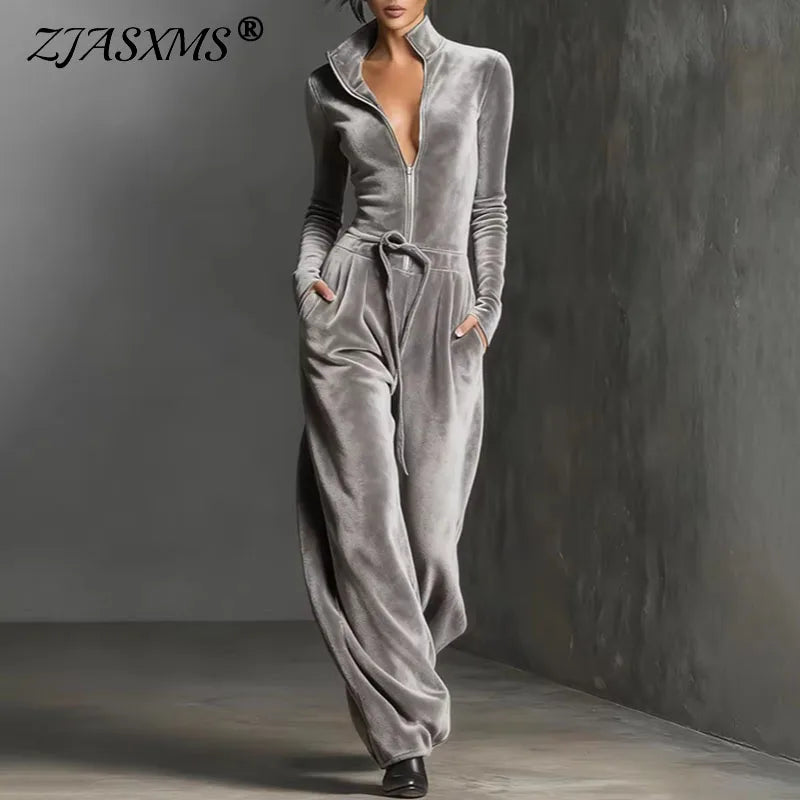 Retro Velvet Half-Zip Jumpsuit With Drawstring Waist for Women