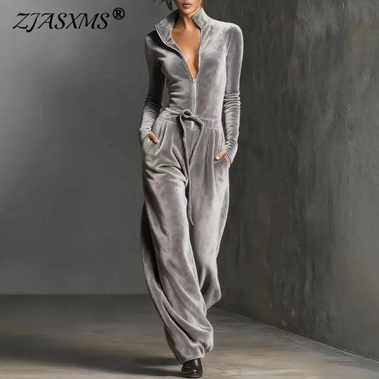 Retro Velvet Half-Zip Jumpsuit With Drawstring Waist for Women
