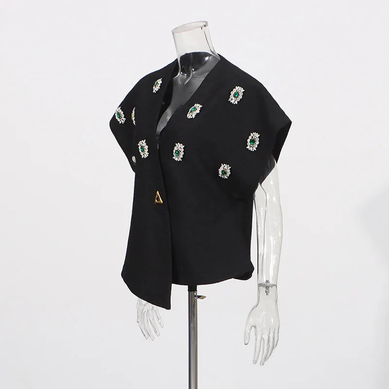 Black Diamond Encrusted Single Breasted Cropped Jacket For Women