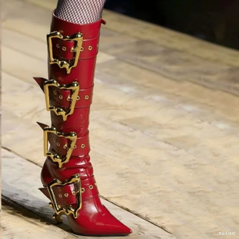 Shiny Metal Belt Buckle Side Zip Knee-High Boots for Women