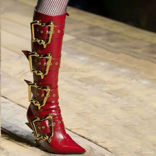 Shiny Metal Buckle Side Zip Knee Boots