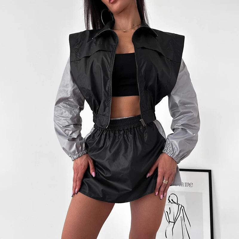 Casual Color Block Long Sleeve Jacket And Mini Skirt Set For Women