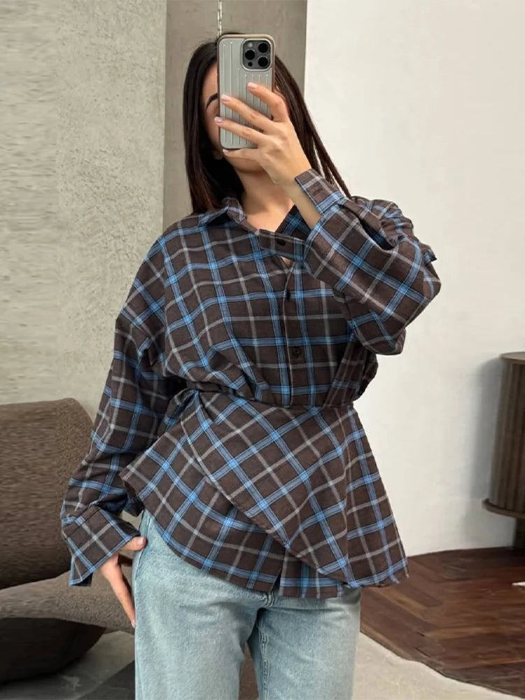 Elegant Plaid Patchwork Long Sleeve Shirt for Women
