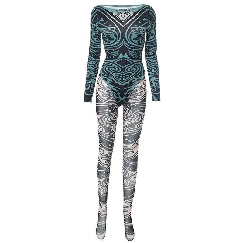 Joskaa 2025 Women's Abstract Print Two Piece Set Sexy Round Neck Long Sleeve Bodysuit + Skinny Pants Matching Y2K Streetwear